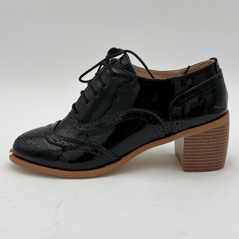 FOWT Black Perforated Lace-Up Oxfords Almond Toe Chunky Heel Derby Saddle Shoes